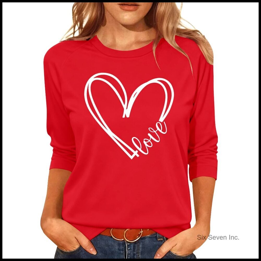 Love Heart Graphic Tee 3/4 Sleeve Sweet Chic Valentine's Day T-Shirt
